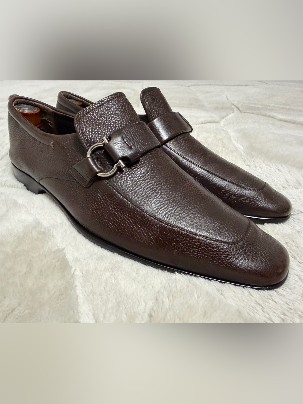 $990 Ferragamo Gancini Horse-bit Brown Leather Slip-On Loafers Shoes 7.5 8.5 9